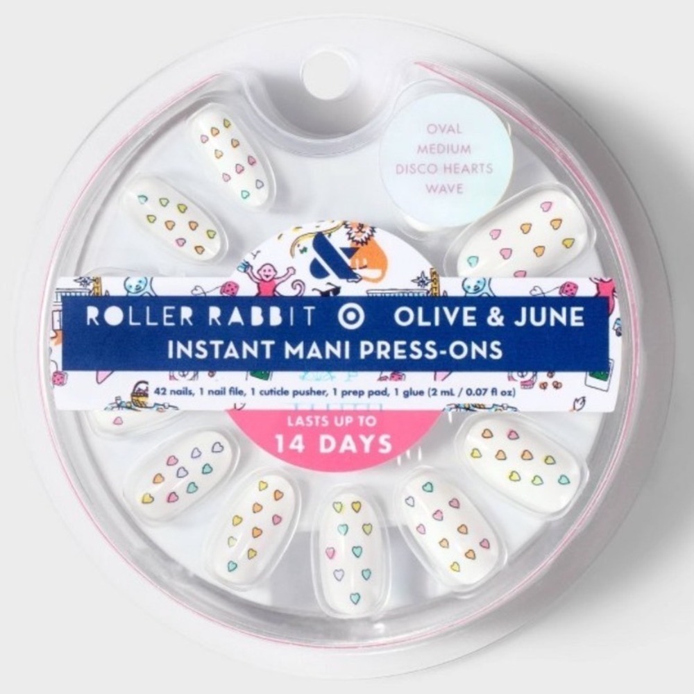 Roller Rabbit x Olive & June Disco Hearts Wave Press-On Nails Oval Medium 42ct